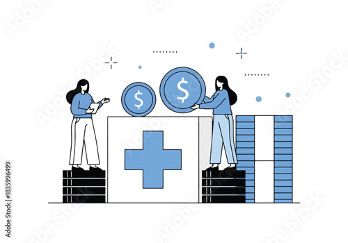 Medical finance concept people managing healthcare costs and revenue - Flat Vector Illustration, icon. Editable stroke. Colored vector illustration