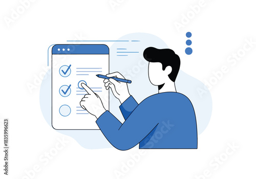 Man completing tasks on digital checklist online interface - Flat Vector Illustration, icon. Editable stroke. Colored vector illustration