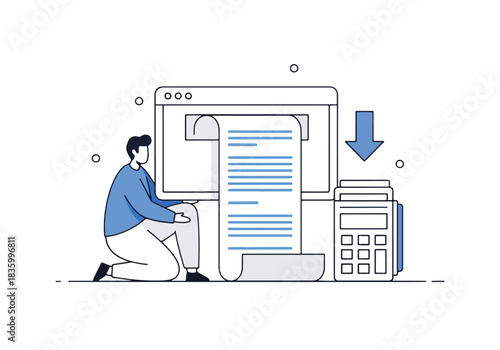 Man reviewing financial data on a computer screen with calculator - Flat Vector Illustration, icon. Editable stroke. Colored vector illustration