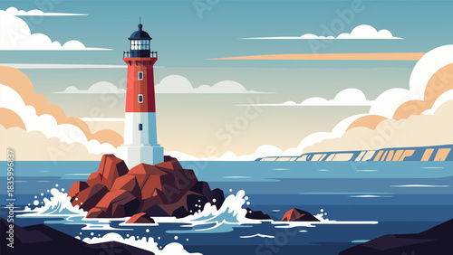 A beautiful vector illustration showcasing a red and white lighthouse on a rocky island, guiding through ocean waves under a calm sky