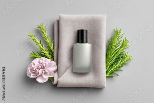 Perfume Bottle on Linen with Rosemary and Carnation