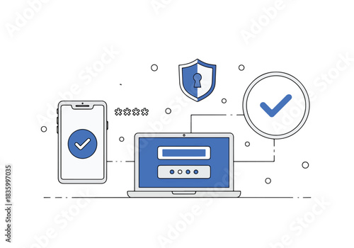 Secure digital access technology with devices and protection icons - Flat Vector Illustration, icon. Editable stroke. Colored vector illustration