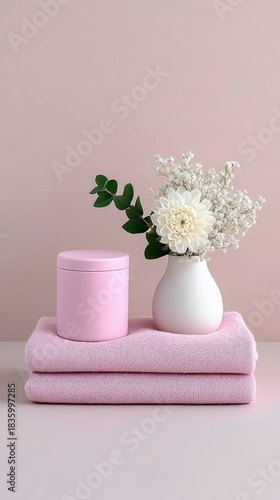 Pink Towels with Jar and Flowers on Table