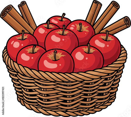Basket of Red Apples and Cinnamon Sticks Illustration.