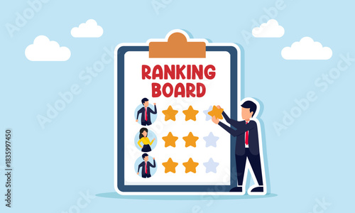 Businessman giving a star on a ranking board with business profile photos illustrating performance rating evaluation