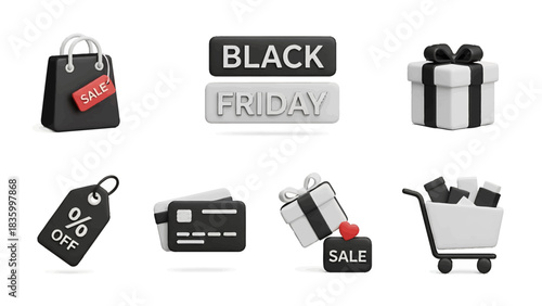 Black Friday Sale icons shopping bag, gift box, discount tag, credit cards, and shopping cart for retail promotions
