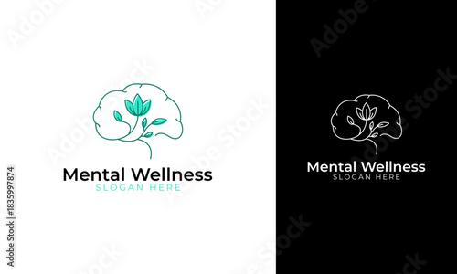 Mental wellness logo design. Brain symbol with nature or flower concept for emotion therapy