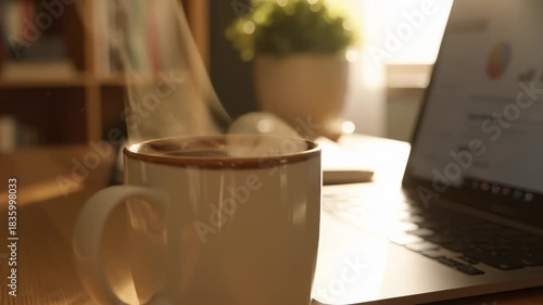 Close Up of Steaming Coffee Cup With Laptop on Desk