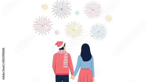 Couple holding hands watching vibrant fireworks display on New Year's Eve creating a romantic and festive celebration moment filled with love and joy