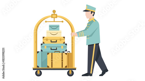 Professional bellhop assisting with luggage at a luxury resort, travel and hospitality illustration for hotel promotional campaign and vacation marketing needs