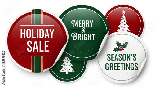 Festive holiday sale stickers for promotional marketing needs, offering season's greetings and merry bright wishes for a joyful shopping experience