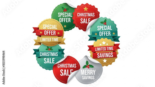 Christmas sale stickers offer special savings for limited time, perfect for holiday promotions, advertising festive deals and discounts to attract customers
