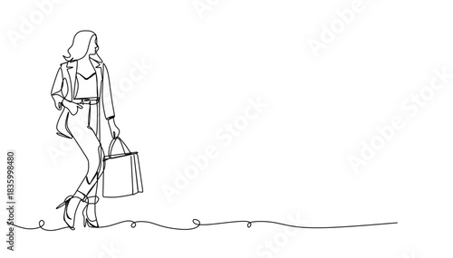 One continuous line design of a woman holding a shopping bag. simple linear style Editable stroke. Doodle vector illustration