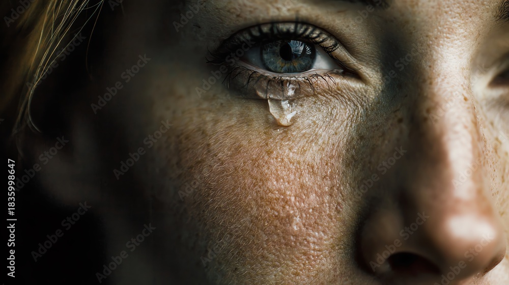 Naklejka premium A close-up image capturing the emotion of sorrow, showcasing a tear rolling down the cheek of a woman. The intricate details reflect vulnerability and the depth of human feelings.