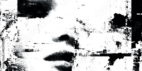 Abstract grunge texture featuring bold black ink splatters, distressed brush strokes, eroded edges, halftone dots and heavy weathering effects on transparent.