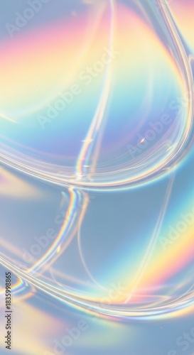 Abstract smooth curves display iridescent spectral light effects against a soft background