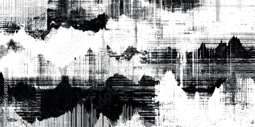 Abstract grunge texture featuring bold black ink splatters, distressed brush strokes, eroded edges, halftone dots and heavy weathering effects on transparent.