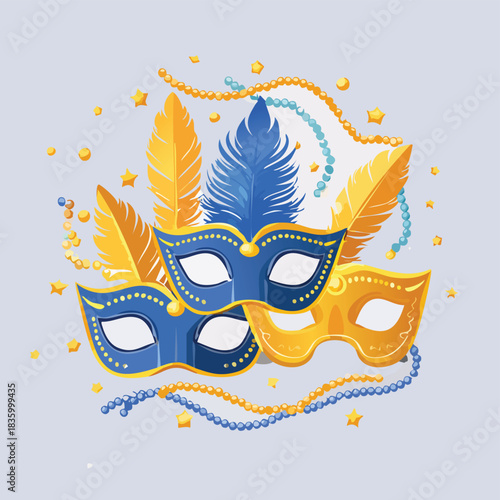 Festive Carnival Masks and Feathers Illustration for Celebration, featuring vibrant blue and gold colors with decorative beads and stars