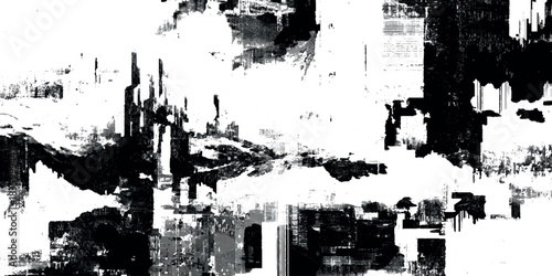 Abstract black and white grunge texture with distressed ink splatters, rough brush strokes and gritty overlay pattern album cover, distressed typography.