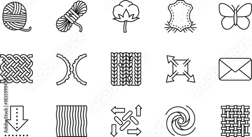Textiles, Fashion, and Material Line Icons Set: Cotton, Wool, Leather, Yarn, Fabric Weaving, Knitted Cloth, and Clothing Outline Symbols.