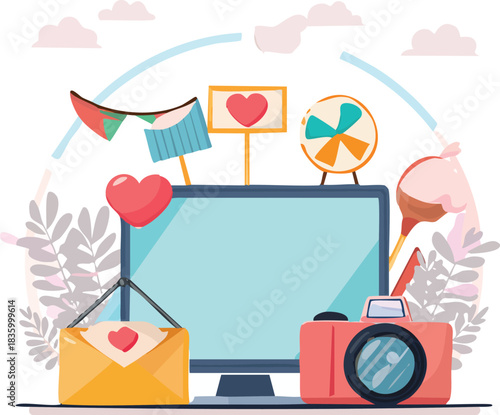 Engaging digital content creation and social media communication concept, illustrating modern online lifestyle with a computer, camera, and interactive elements