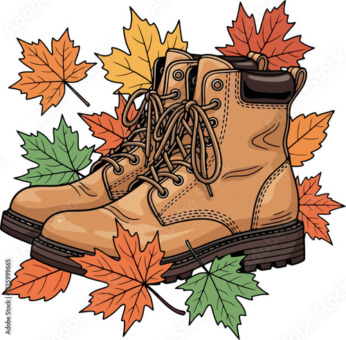 Autumnal Footwear: A Pair of Boots Surrounded by Fall Leaves.