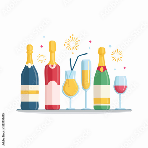 Festive collection of alcoholic beverages in flat design. Champagne, wine, and colorful cocktails with fireworks and confetti for celebrations and parties