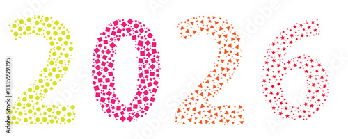 円形・四角形・三角形・星形で作られた2026年の文字