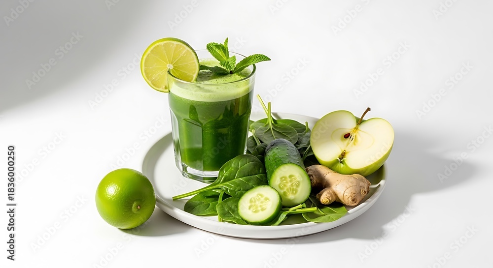Fototapeta premium Refreshing green juice with fresh ingredients and natural light