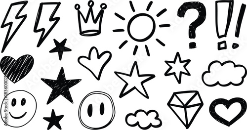 Black hand drawn doodle icons lightning bolt crown sun question mark exclamation point star heart cloud diamond