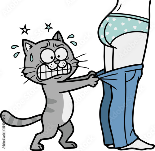 Humorous Cartoon of a Cat Pulling on Person's Pants with a Worried Expression and Sweating