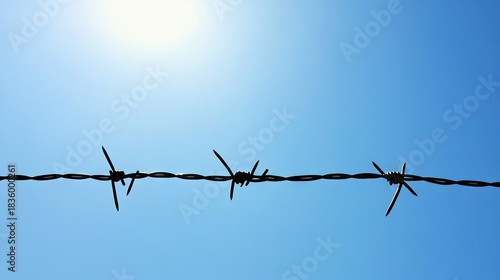 Wallpaper Mural Barbed Wire Against Bright Blue Sky with Sunlight Creating a Striking Contrast and Evoking Feelings of Boundaries, Isolation, and Security Torontodigital.ca