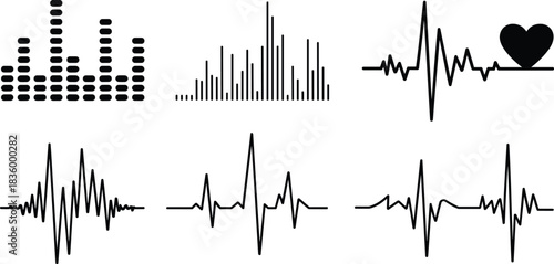 Collection of black graphic representations of sound waves and heartbeats electrocardiogram pulse