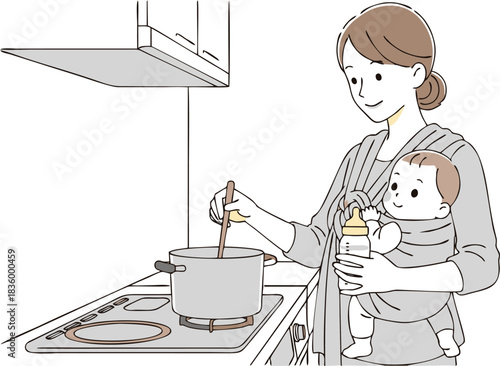 Mother Cooking While Holding Baby, Juggling Family Responsibilities