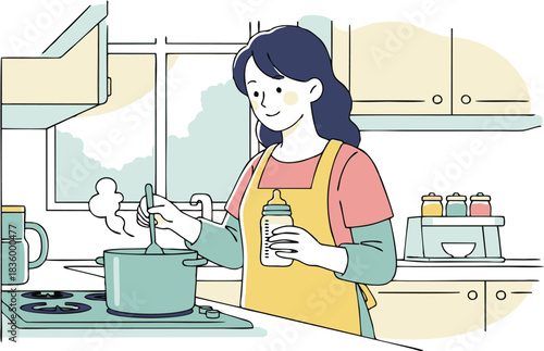 Illustration of a young woman in an apron cooking a meal in a pot on the stove, representing a calm domestic lifestyle and motherhood