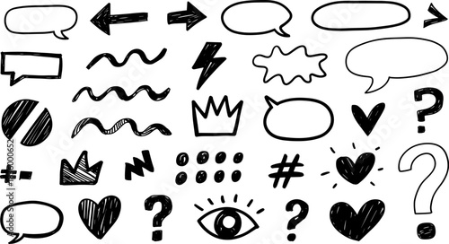 Hand drawn black doodles of speech bubbles arrows hearts question marks lightning bolt eye and crowns