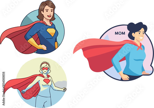 Dynamic illustrations celebrating powerful women and superhero mothers, embodying strength, resilience, and the everyday heroism of female empowerment in modern life