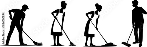 Silhouettes of people cleaning with brooms and mops janitor maid