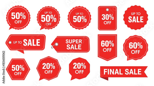 Red Sale and Discount Labels Collection with Percentage Off Offers and Promotional Tags