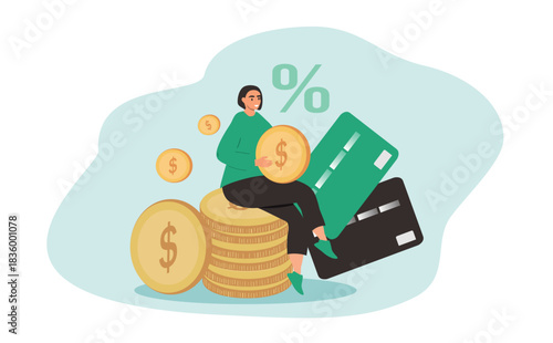 A flat style vector illustration on the topic of income and investments. A woman sitting on a stack of coins
