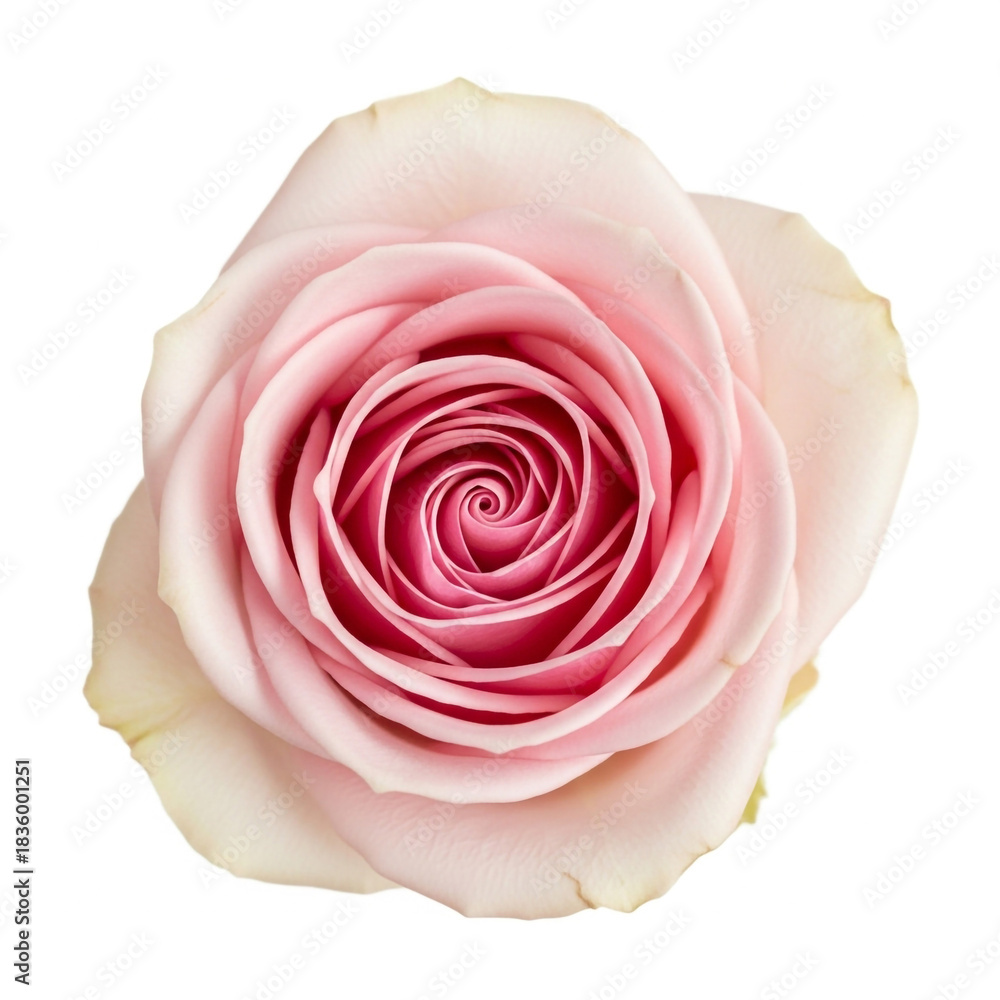 Fototapeta premium Stunning close up of a perfect pale pink rose blossom showing delicate swirl pattern against clean white background