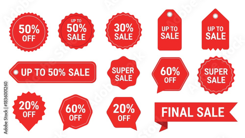 Red Sale and Discount Labels Set with Various Percentages and Promotional Offers