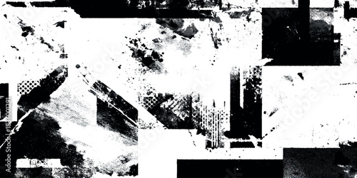 Abstract black and white grunge texture with distressed ink splatters, rough brush strokes and gritty overlay pattern album cover, distressed typography.