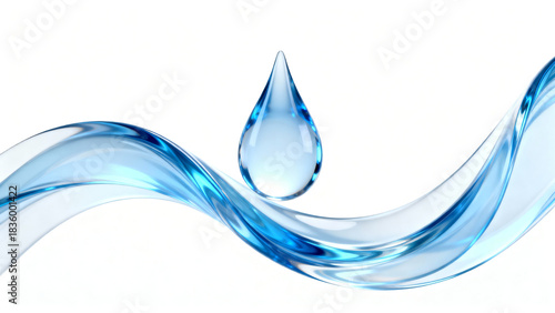 Stunning 3D render features a perfect, crystal clear water droplet suspended above a dynamic blue liquid wave against a bright white background ideal for purity concepts
