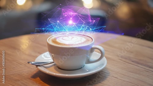 Wallpaper Mural Coffee Cup with Holographic Network Overlay on Table Torontodigital.ca