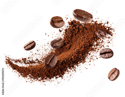 Floating Coffee Beans and Powder Particles in Dynamic Composition, Minimalist Style, Isolated PNG