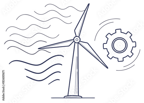 Clean outline of a wind turbine with wavy lines isolated on white background
