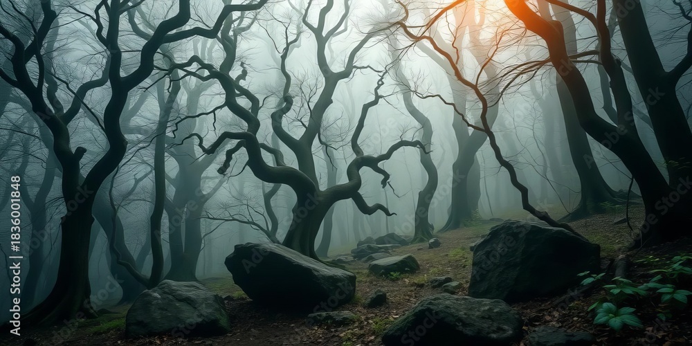 Obraz premium Dark, misty forest with gnarled trees and ancient stones, brutal, raw