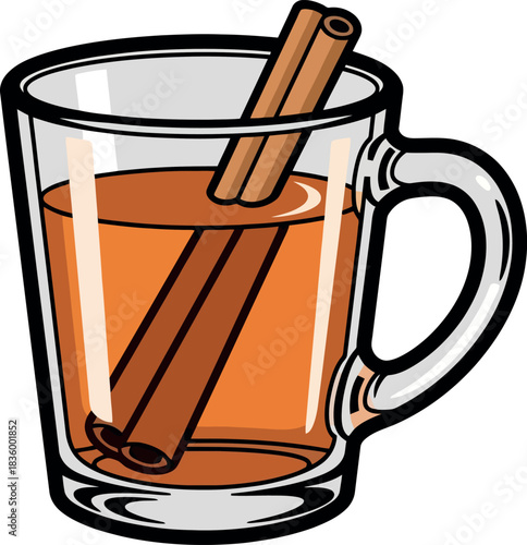 Warm Apple Cider with Cinnamon Sticks in a Glass Mug.