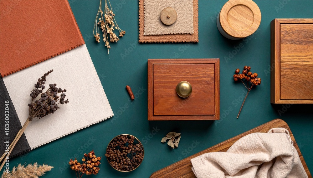 Fototapeta premium Flat lay of interior design materials, fabric swatches, wood elements, and dried plants on a dark teal background, perfect for home decor concepts.